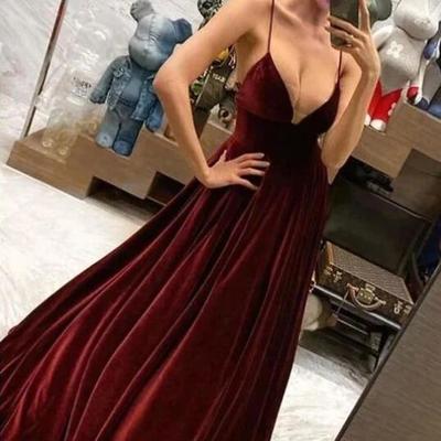 Simple straps burgundy a line velvet long prom dress - Thumbnail 1