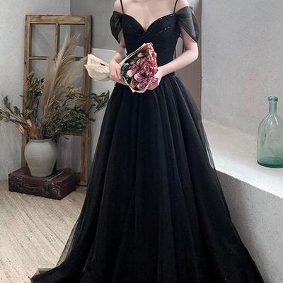 A line black tulle long prom dress - Thumbnail 4