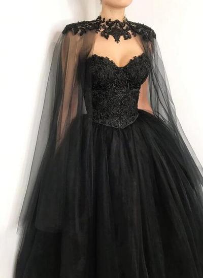 A Line Black corset lace prom dress with cape
