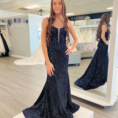 Cute mermaid straps navy sequins prom dresses