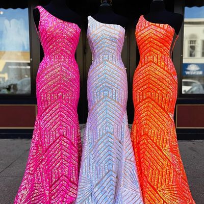 Cute mermaid one shoulder sparkly sequins prom dresses