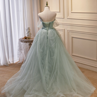 Green Tulle Long A-Line Prom Dress, Green Evening Dress - Thumbnail 4