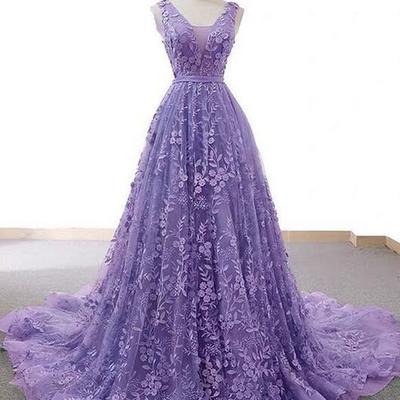 Mermaid light purple v-neck lace prom dress - Thumbnail 1