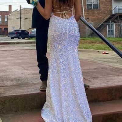 Mermaid white sequined long prom dress with lace up back  - Thumbnail 1