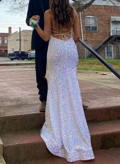 Mermaid white sequined long prom dress with lace up back 