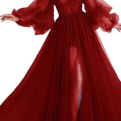 A-line long sleeves burgundy evening dresses - Thumbnail 3
