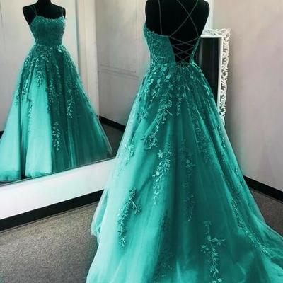 Elegant mermaid backless tulle prom dress with lace appliques - Thumbnail 1