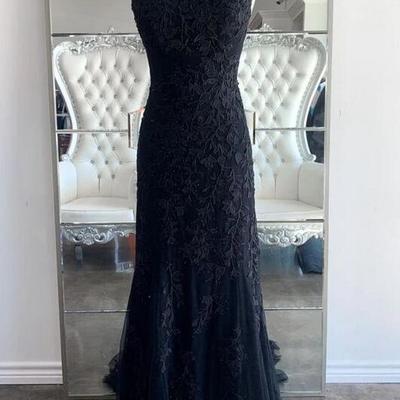Mermaid a line black lace appliqued prom dress with lace up back - Thumbnail 4