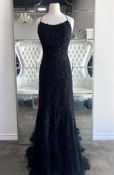 Mermaid A Line Black Lace Appliqued Prom Dress With Lace Up Back