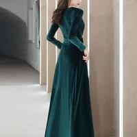Elegant Dark Green Velvet Long Sleeves V Neck Long Prom Dress - Thumbnail 1