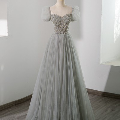 Grey tulle beading long prom dresses, a line evening dresses