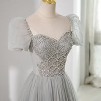 Grey Tulle Beading Long Prom Dresses, A Line Evening Dresses - Thumbnail 2