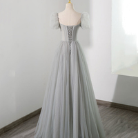 Grey Tulle Beading Long Prom Dresses, A Line Evening Dresses - Thumbnail 4