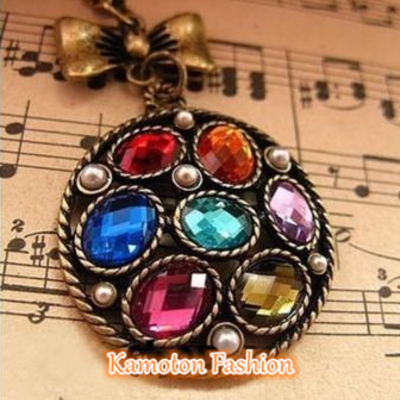 Retro vintage bowknot colorful crystal rhinestone bead round pendant necklace