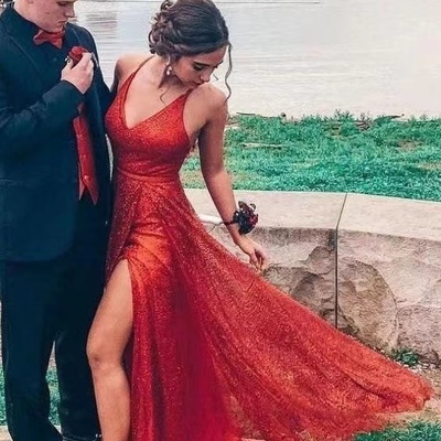 Sparkly red prom dresses slit side pd67 - Thumbnail 1