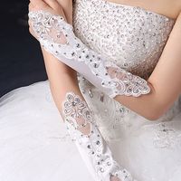 White Lace Applique Rhinestone Wedding Bridal Long Gloves - Thumbnail 1
