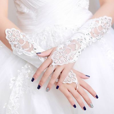 White lace applique rhinestone wedding bridal long gloves