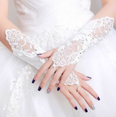 White Lace Applique Rhinestone Wedding Bridal Long Gloves