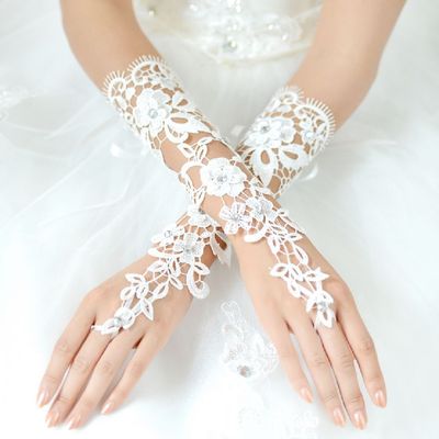 Whtie vintage style lace applique rhinestone wedding bridal long gloves