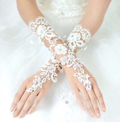 Whtie Vintage Style Lace Applique Rhinestone Wedding Bridal Long Gloves