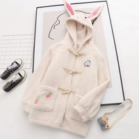 Sweet and cute rabbit embroidered horn button hooded lambswool jacket - Thumbnail 1