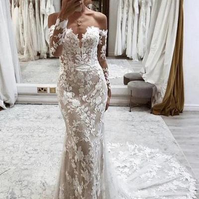 Mermaid off shoulder long sleeve ivory wedding dress - Thumbnail 1