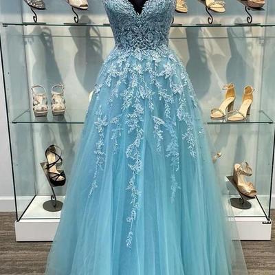 A line blue v neck tulle lace long prom dress - Thumbnail 2