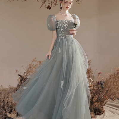 Cute tulle lace long prom dresses, a-line graduation dresses - Thumbnail 2