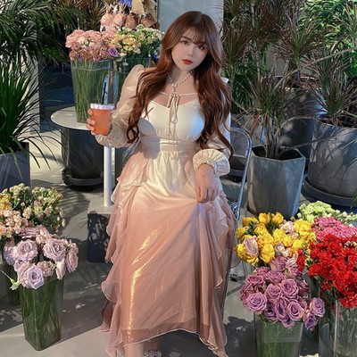 Plus size women french luxury elegant lotus petal flowers gradient strap dress & cardigan two piece set - Thumbnail 4