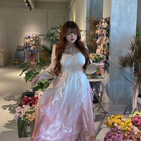 Plus Size Women French Luxury Elegant Lotus Petal Flowers Gradient Strap Dress & Cardigan Two Piece Set - Thumbnail 1