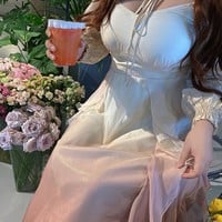 Plus Size Women French Luxury Elegant Lotus Petal Flowers Gradient Strap Dress & Cardigan Two Piece Set - Thumbnail 3