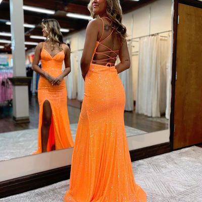 Cute mermaid v neck orange sequins long prom dresses with slit