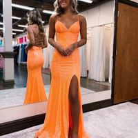 Cute Mermaid V Neck Orange Sequins Long Prom Dresses with Slit - Thumbnail 2