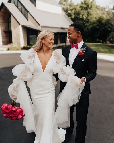 Cute Mermaid V Neck Long Wedding Dresses with Ruffled Sleeves