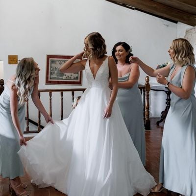 Elegant a line v neck organza & satin long wedding dresses