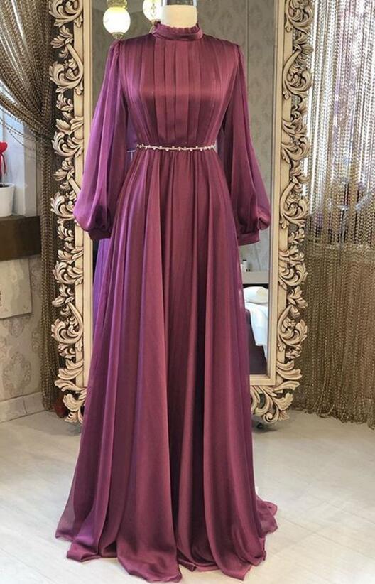 High neck a line long sleeves chiffon prom dress 