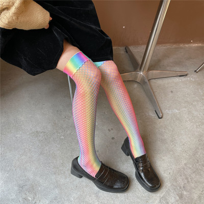Y2k rainbow fishnet knee high socks stockings