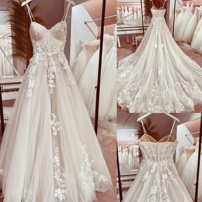 Spaghetti straps wedding dresses bridal gown tulle with lace appliques - Thumbnail 2