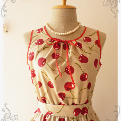 Cherry dress tea dress light brown with red cherry tea dress bridesmaid dress vintage inspired dress sleeveless dress -size xs,s,m,l,xl,