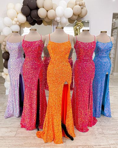 Sparkly Mermaid Scoop Neck Sequins Long Prom Dresses with Lace-up