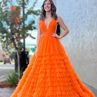 Cute a line v neck orange tulle long prom dresses