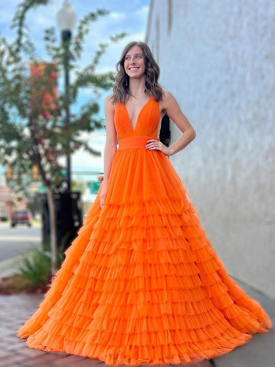 Cute A Line V Neck Orange Tulle Long Prom Dresses