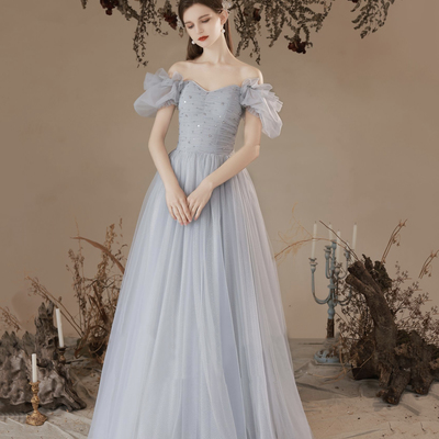 Grey tulle long a-line prom dresses, grey formal evening dresses - Thumbnail 1