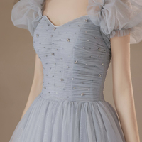 Grey Tulle Long A-Line Prom Dresses, Grey Formal Evening Dresses - Thumbnail 1