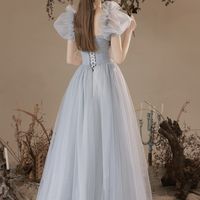 Grey Tulle Long A-Line Prom Dresses, Grey Formal Evening Dresses - Thumbnail 3
