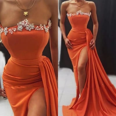 Orange Prom Dresses Slit Side with Rhinestones