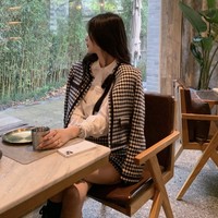 Autumn Winter French Retro Chic Modern Houndstooth Pattern Black and White Jacket Coat & Skirt Two Piece Set - Thumbnail 4