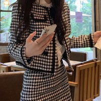 Autumn Winter French Retro Chic Modern Houndstooth Pattern Black and White Jacket Coat & Skirt Two Piece Set - Thumbnail 5