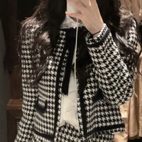 Autumn Winter French Retro Chic Modern Houndstooth Pattern Black and White Jacket Coat & Skirt Two Piece Set - Thumbnail 9