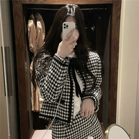 Autumn Winter French Retro Chic Modern Houndstooth Pattern Black and White Jacket Coat & Skirt Two Piece Set - Thumbnail 2